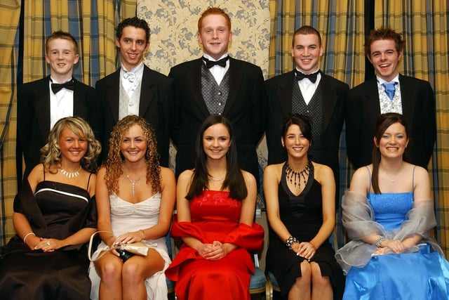 Seated, from left, are Gemma Doherty, Megan Halliday, Catherine O'Driscoll, Margaret McCauley and Claire Marie Cunningham. Standing, from left, are Stephen Barrett, Kieran Payne, Christopher Farrell, Gary Doherty and Dermot Devine. (1611C04) : Students and their guests pictured at the St Columb's College formal back in November 2004.