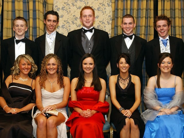Seated, from left, are Gemma Doherty, Megan Halliday, Catherine O'Driscoll, Margaret McCauley and Claire Marie Cunningham. Standing, from left, are Stephen Barrett, Kieran Payne, Christopher Farrell, Gary Doherty and Dermot Devine. (1611C04) : Students and their guests pictured at the St Columb's College formal back in November 2004.