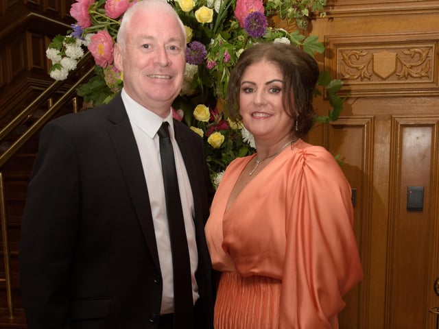 The Mayor Councillor Patricia Logue hosted the annual Mayor’s Ball in the Guildhall in aid of her crossed Charities the Foyle Hospice and Ryan McBride Foundation. Pictured at the event are guest Councillor Pat Murphy and Tara Murphy.. Picture Martin McKeown. 24.05.24