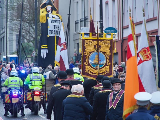'Lundy the traitor' standing in Bishop Street before it was set on fire on Saturday.
