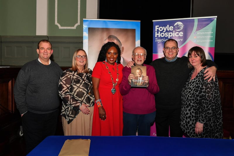 Dr. Keith Munro pictured at the launch of his book on the life of Dr Tom McGinley, Foyle Hospice founder and palliative care pioneer, at St Columb’s Hall on Wednesday evening. Included in the photo are Mayor Lilian Seenoi Barr and Dr McGinley’s children Ronan, Aisling, Ciarán and Sineád. Photo: George Sweeney