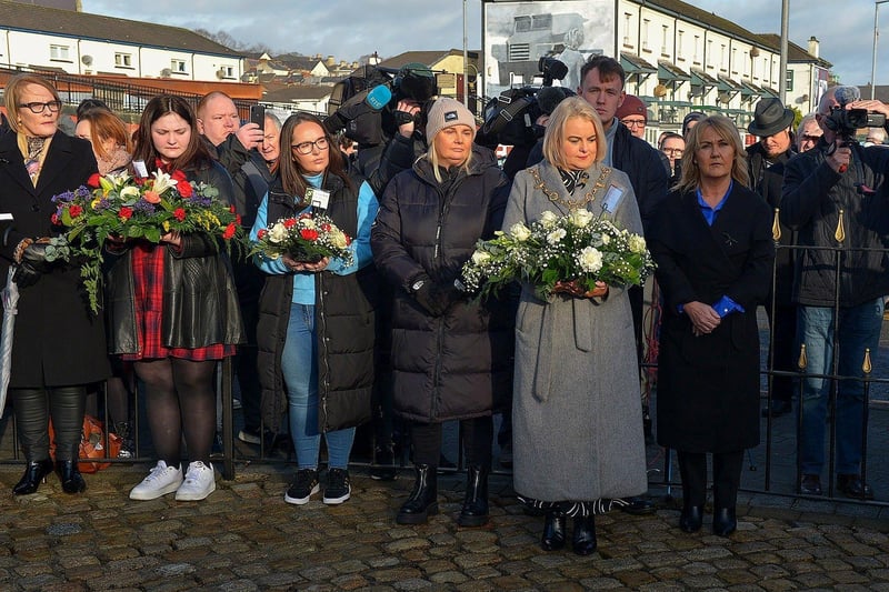 Mayor Sandra Duffy, local representatives and relatives at the Annual Bloody Sunday Remembrance Service held at the monument in Rossville Street on Sunday morning.  Photo: George Sweeney. DER2306GS – 11