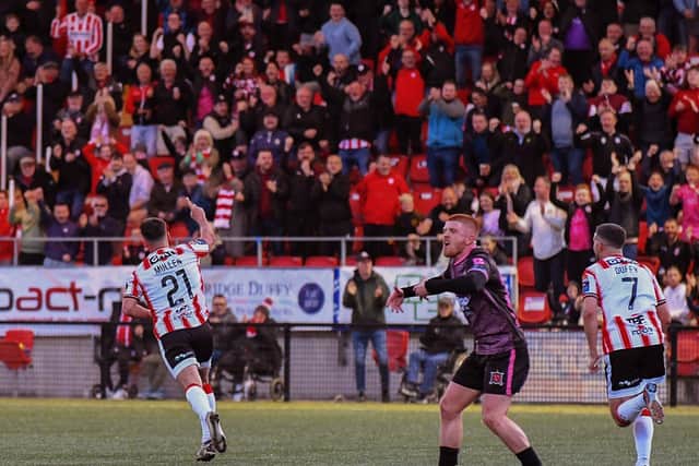 Derry City’s Danny Mullen celebrates scoring against Dundalk on Friday evening. Photograph: George Sweeney