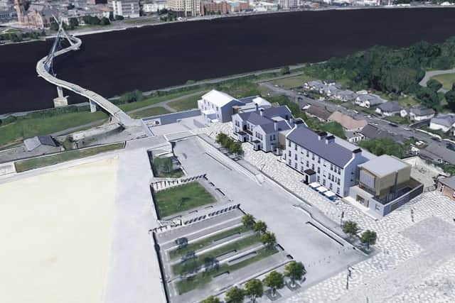 An aerial view of Ebrington with the proposed DNA Maritime Museum in the old hospital building on the north western side of the square.