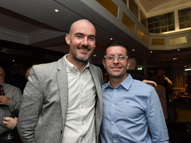Ger Doherty and Eddie McCallion at the Derry City FC celebration of 40 years in the League of Ireland held in the Everglades on Saturday evening. Photo: George Sweeney