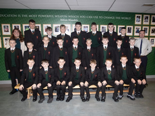 Miss Harkin pictured with her 845 Year 8 Form Class at St. Joseph's Boys School on Monday morning. On right is Mr. Jon O'Loughlin, Head of Junior School. (Photos: Jim McCafferty Photography) : St. Joseph's Boys School welcomes latest influx of Year 8 pupils