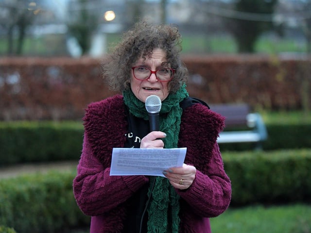 Sue Pentel, Jews for Palestine Ireland, speaking at the Holocaust Memorial Day vigil for Gaza, held in the Peace Garden, on Saturday afternoon. Photo: George Sweeney