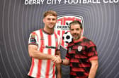 Derry City's newest recruit Jamie Stott with manager Tiernan Lynch. Photo by Kevin Morrison.