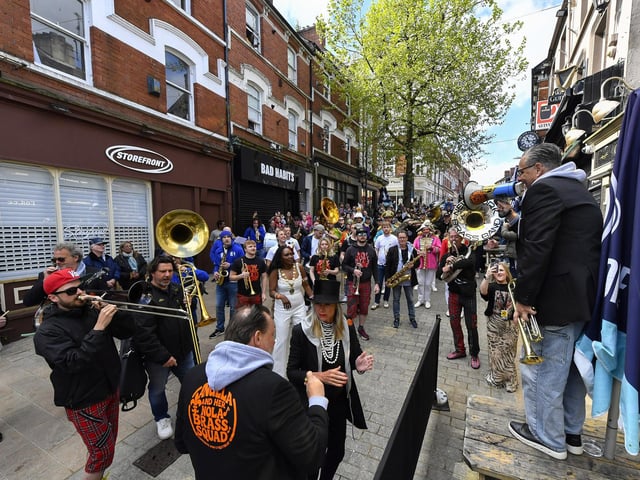 The Jazz Festival's DLD Second Line Parade on Waterloo Street on Saturday morning. Photo: George Sweeney