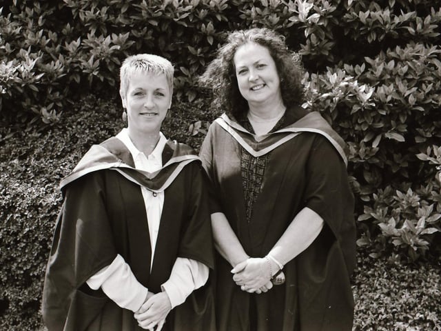Photographs of students, professors, and proud parents during the Magee graduations in June 1995.