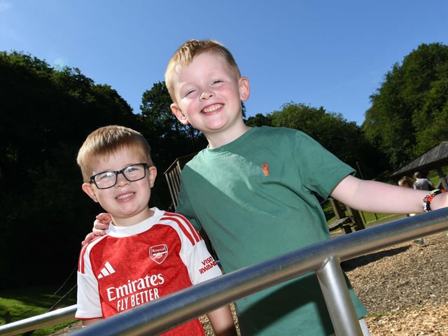 Cousins Thomas Travers and Luca Patterson enjoyed the sunshine during their visit to St. Columb's Park.