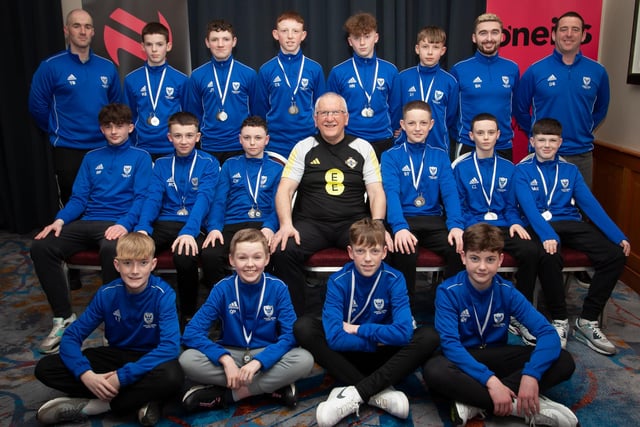 Joe Doherty, IFA Senior Coach, pictured with Oxford United 2009, runners up in the League and Winter Cup, at the Annual Awards in the City Hotel on Friday night last. Included are coaches Stephen Harley, Tony Black and Darren Smyth. (Photo: Jim McCafferty)