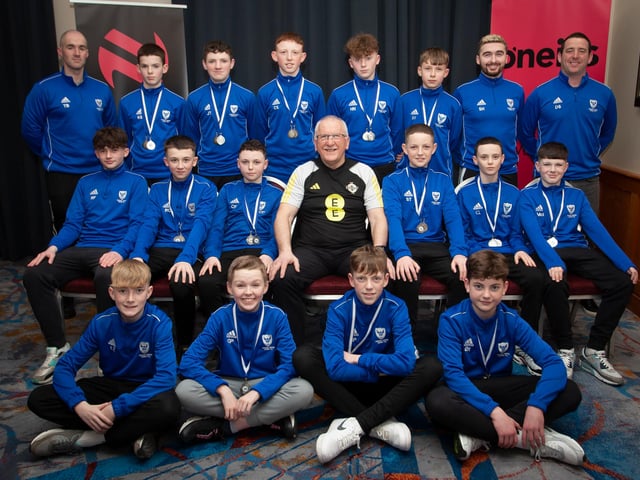 Joe Doherty, IFA Senior Coach, pictured with Oxford United 2009, runners up in the League and Winter Cup, at the Annual Awards in the City Hotel on Friday night last. Included are coaches Stephen Harley, Tony Black and Darren Smyth. (Photo: Jim McCafferty)