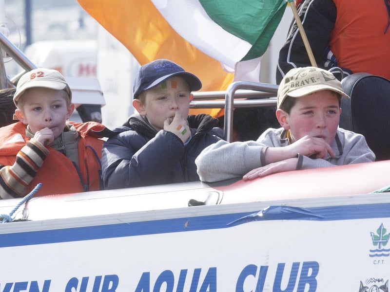 Boys on the Inishowen Sub Aqua Club float take it easy as they sail through Moville. (2103PG16) : St Patrick's Day in Moville in 2006.