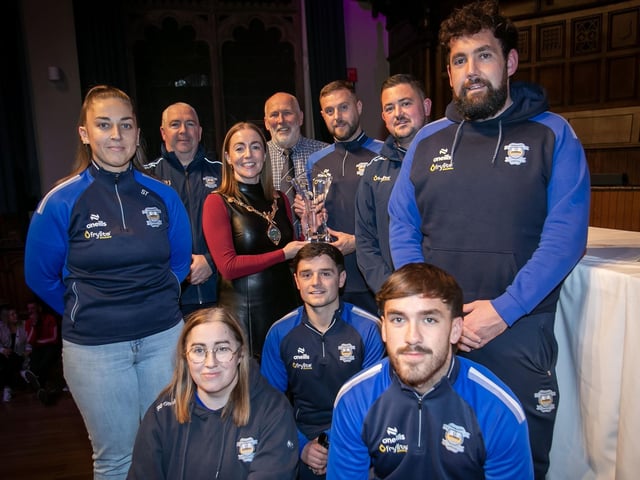 Representatives from Strabane Athletic FC,, winners of the Club of the Year Award receiving their trophy from the Mayor, Grace Ui Niallais at the Annual Derry City and Strabane District Sports Awards 2026 in the Guildhall on Thursday night. Back centre is Bill Anderson, Chair, Sports Council. (Photos: Jim McCafferty Photography)