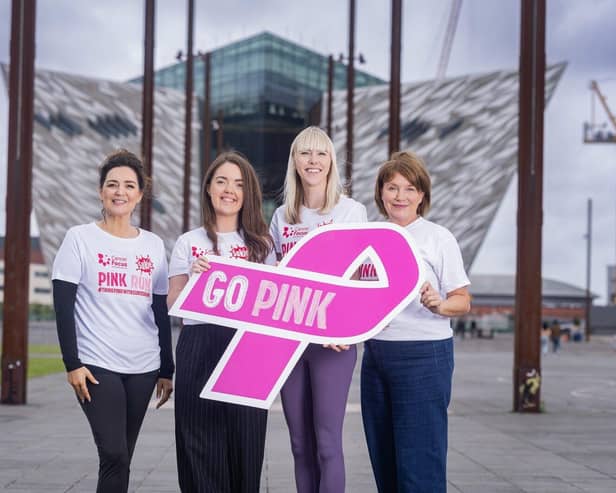 Cancer Focus client Joanne Jones with Clare Mawhinney, Maeve Colgan and Sharon Campbell