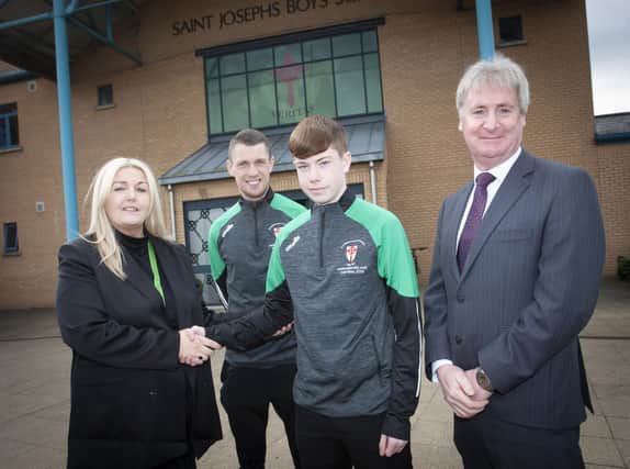 St. Joseph’s Boys School Principal Mrs. Ciara Deane wishing u-16 school captain Shea McGinley all the best for Friday’s final. Included are manager Emmett McGinty and Vice Principal, Mr. Paul Kealey. (Photos: Jim McCafferty Photography)