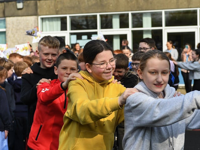 Pupils pictured at the Jive Aces performance at Rosemount Primary School on Thursday morning. Photo: George Sweeney