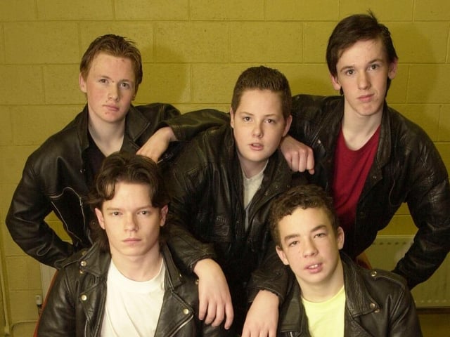 The T-Birds get into character ahead of Scoil Mhuire's production of Grease. Included are Kevin McDaid, Sonny, Domhnall McLaughlin, Rodger, Matthew Bonner, Danny, Chal Crossan, Kenickie, and Conor Jackson, Doody. (0402PG22)