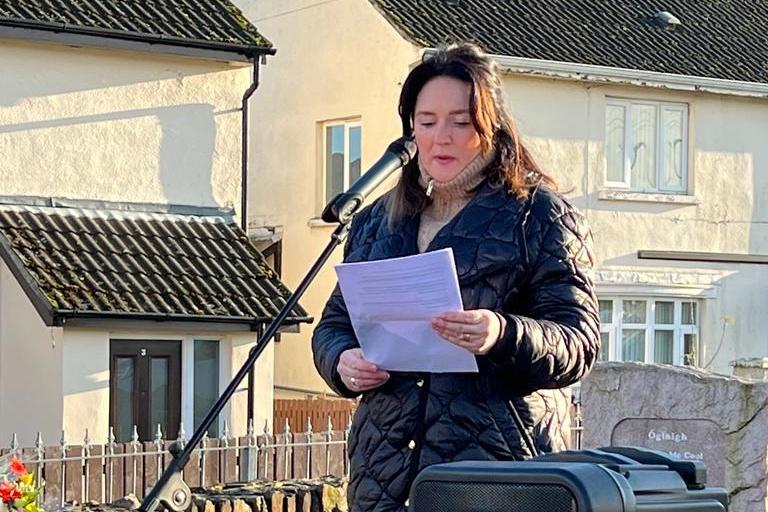 Sinn Féin Councillor Aisling Hutton chairing the commemoration in memory of IRA Volunteer at the Republican Monument in Central Drive.
