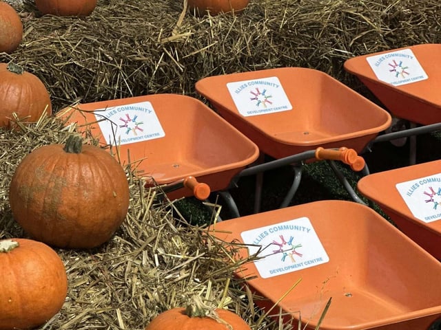 Kids can pick a wheelbarrow and choose their pumpkin to take home.