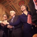 The SDLP team celebrating at Stormont after Cabinet positions were agreed in November 1999. From left to right, Sean Farren, John Hume, Seamus Mallon and Bríd Rodgers. (Photo by Peter Macdiarmid/Getty Images)