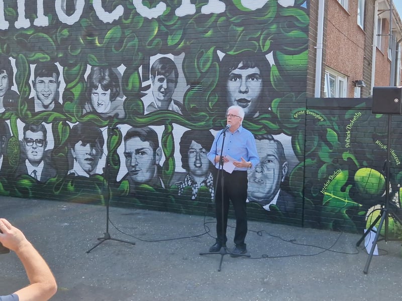 John Kelly speaking at the launch of the new Bloody Sunday mural at Lisfannon Park.