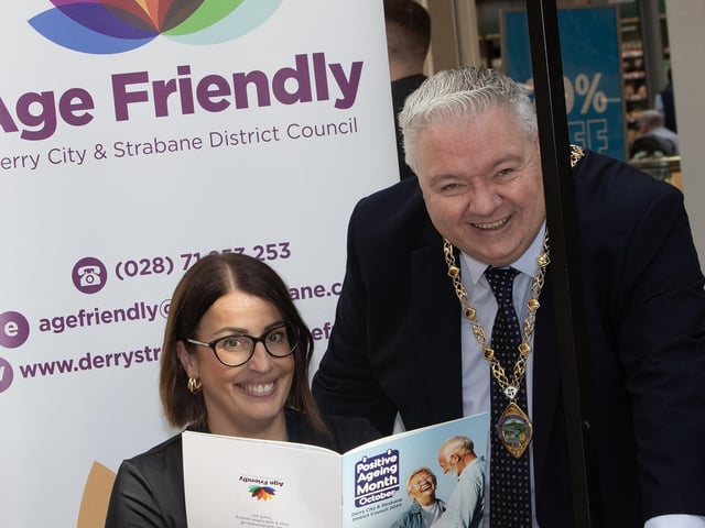 Deputy Mayor Darren Guy at Friday's One Stop Shop for Dementia at Foyleside Shopping Centre with Pauline O'Neill, Age Friendly Co-Ordinator, Derry City and Strabane District Council. (Photos: Jim McCafferty Photography)