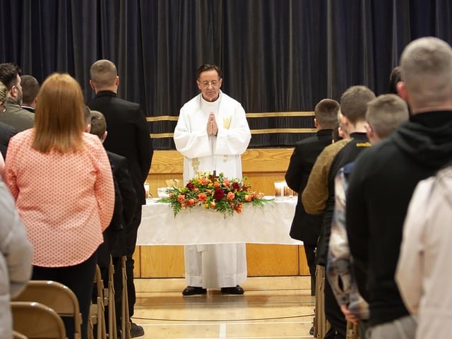 Fr. Shaun Doherty, St. Joseph's Boys School chaplain, celebrating the school's Annual Year 8 Induction Mass on Thursday evening. (Photos: Jim McCafferty Photography)