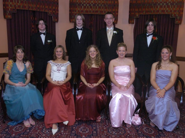 Seated, from left, Kathleen McLaughlin, Mary McNelis, Laura Flanagan, Mairead Gill and Sarah O'Donnell. Standing, from left, Sean O'Neill, Dylan Farren, Johnny Friel, and Sean Concannon. (1801PG14) : Scoil Mhuire Formal in January 2005.