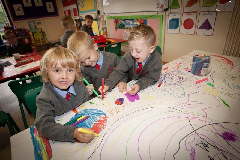 BOYS AT PLAY. . . . . Zac, Cahir and Tyler working together to produce a masterpiece at St. Brigid's PS.