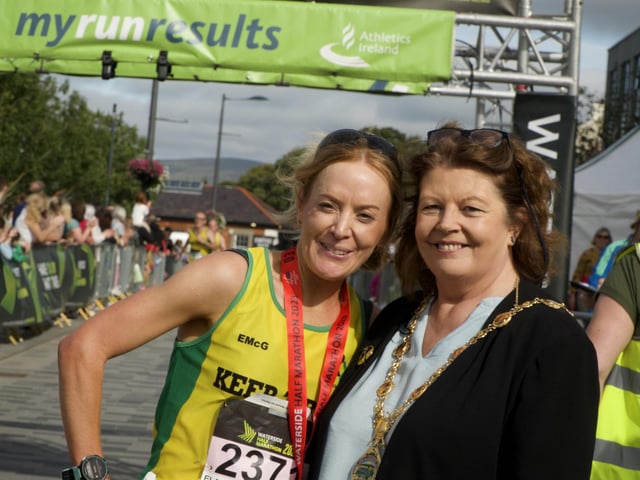 Elaine McGuckin who finished third female, pictured with Mayor of Derry and Strabane Cllr. Patricia Logue.