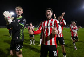 Eddie Beach and James Clarke of Derry City celebrates at Find Insurance Celtic Park in Derry. Photo by Stephen McCarthy/Sportsfile