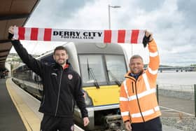 Derry City goalkeeper, Tadhg Ryan, along with Stephen Boyd, Senior Customer Service Coordinator at Translink.