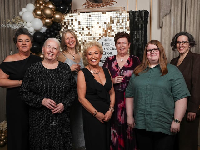 Encore Contemporary Choir 15th Anniversary dinner held in The Ebrington Hotel.
Soprano 1s, Nadine Hegrty, Eileen Struthers, Caroline Merrick, Eileen Ennis, Janice Reid , Claire Nixon, and Jenny Duddy.
Mandatory Credit Lorcan Doherty : Encore 15th Birthday.