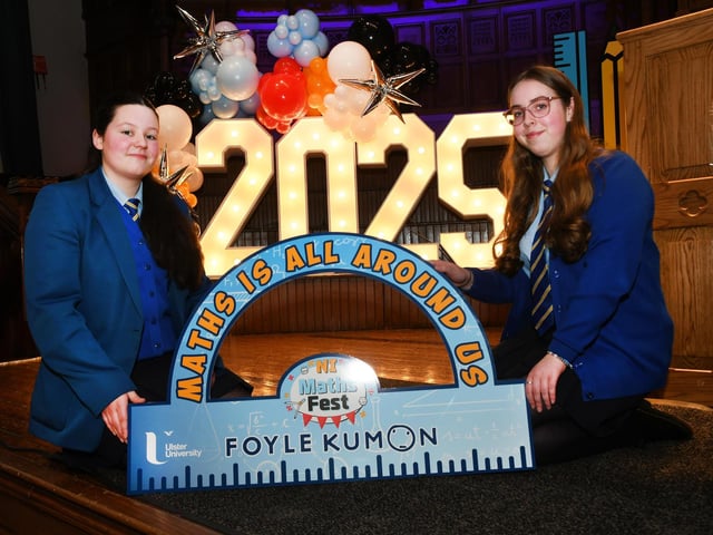 St. Mary's College students Kaycee and Grace pictured during the Foyle Kumon NI Maths Fest in the Guildhall. : .
