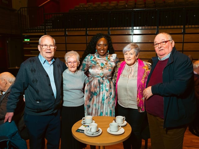 Husband and wife duos Patsy and May McCrory and Anne and Sean Cassidy are joined by Derry City & Strabane District Council Mayor Lilian Seenoi-Barr at the Mayor's Tea Dance in The Alley Theatre. : .