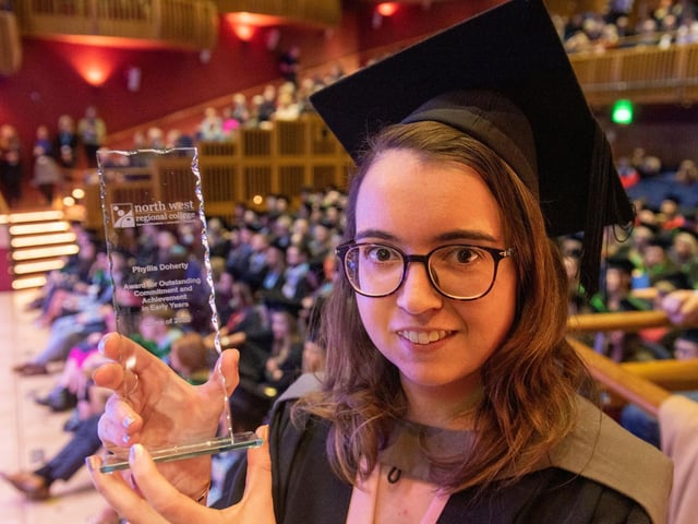 The Award for Outstanding Commitment and Achievement to Professional Development in the Early Years Sector was presented to Phyllis Doherty from Buncrana at NWRC’s Higher Education Graduation Ceremony.