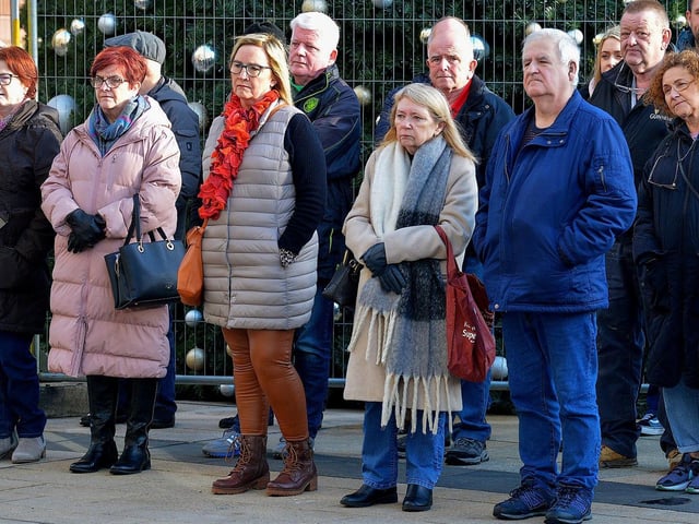 Relatives of victims of the troubles protest against the proposed Northern Ireland Troubles (Legacy and Reconciliation) Bill, organised by The Bloody Sunday Trust and the Pat Finucane centre, at Guildhall Square on Wednesday afternoon. DER2247GS – 58