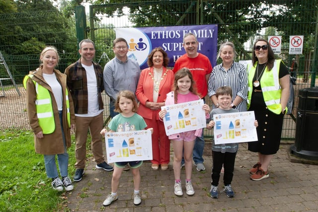 The Mayor of Derry City and Strabane District Council, Patricia Logue pictured at Friday's Greater Shantallow Area Partnership/Ethos Family Support Hub's Family Fun  Day at the Playtrail, Belmont on Friday morning. Included back from left are Tina Doolin, GSAP, Marty Daly, Ethos Hub Co-Ordinator, Peter McKinney, Save the Children, Emmett Norris, Save The Children, Ruth Carr, Ethos Family Support Worker and Rose McCrossan, GSAP Community Development Manager. (Photos: JIm McCafferty Photography)