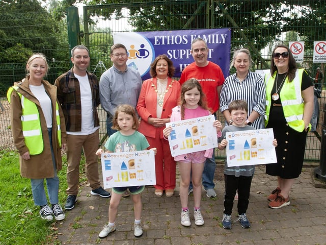 The Mayor of Derry City and Strabane District Council, Patricia Logue pictured at Friday's Greater Shantallow Area Partnership/Ethos Family Support Hub's Family Fun Day at the Playtrail, Belmont on Friday morning. Included back from left are Tina Doolin, GSAP, Marty Daly, Ethos Hub Co-Ordinator, Peter McKinney, Save the Children, Emmett Norris, Save The Children, Ruth Carr, Ethos Family Support Worker and Rose McCrossan, GSAP Community Development Manager. (Photos: JIm McCafferty Photography)