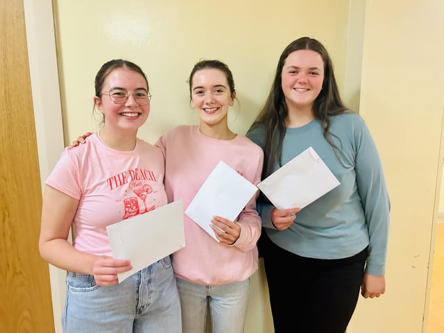 Friends Mary Keogh, Sorcha O’Neill and Eimhear Leopard celebrate their fantastic A Level outcomes in Thornhill College.