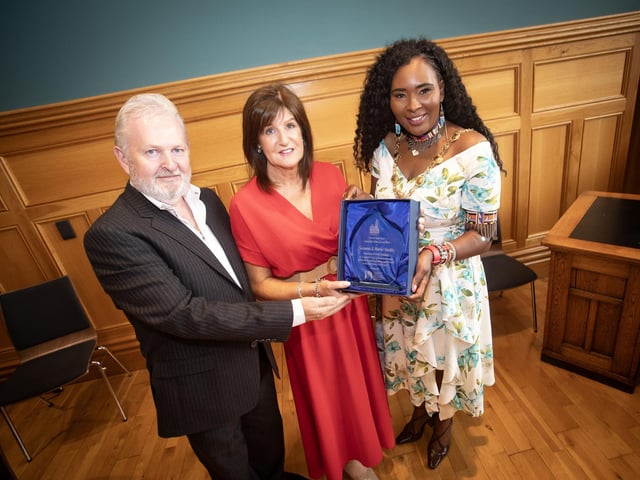 The Mayor, Lillian Seenoi-Barr making special presentations to Seamus and Marie Nealis, directors of Craft Training, during Wednesday's reception in their honour at the Guildhall, Derry.