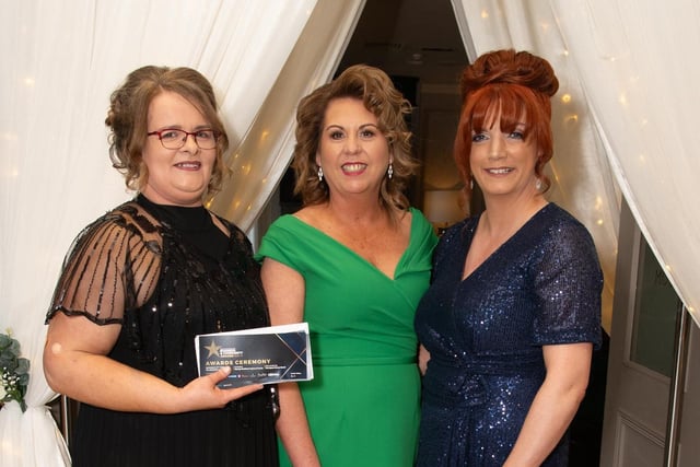 Andrea Porter, Deirdre Bradley and Tina O'Donnell at the Carndonagh Traders Association Business and Community Awards in Ballyliffen Lodge Hotel on Saturday night last. Photo Clive Wasson