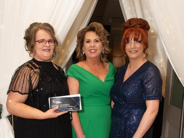 Andrea Porter, Deirdre Bradley and Tina O'Donnell at the Carndonagh Traders Association Business and Community Awards in Ballyliffen Lodge Hotel on Saturday night last.   Photo Clive Wasson