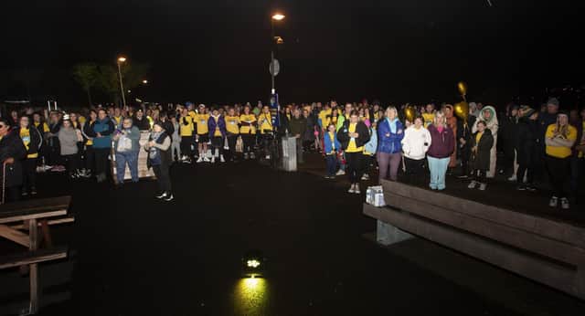 The over 800 walkers/runners get final instructions before the start of Saturday’s Pieta Darkness Into Light event in Derry. (Photos: Jim McCafferty Photography)