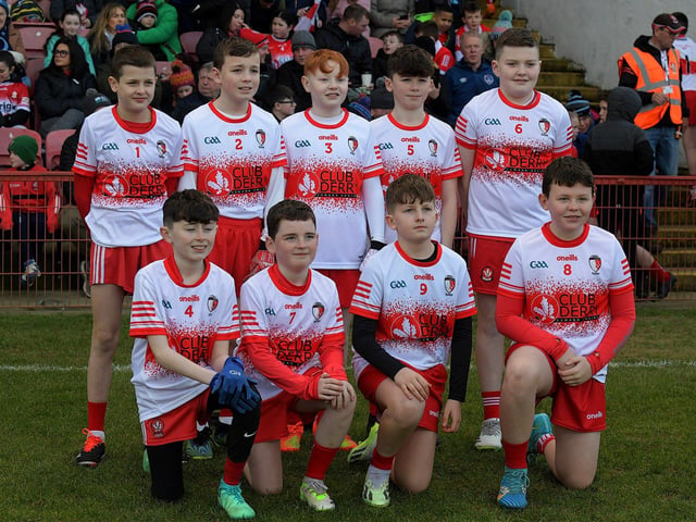 Young footballers from Club Derry played at half-time in Celtic Park on Saturday evening. Photo: George Sweeney