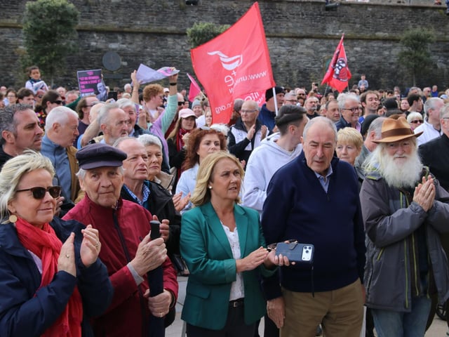 Ciara Ferguson, MLA with former speaker of the house, Mitchell McLaughlin at the packed Guildhall Square for the Unite Against Hate rally - Guildhall Square on Saturday. (Photo - Deirdre Heaney, nwpresspics)