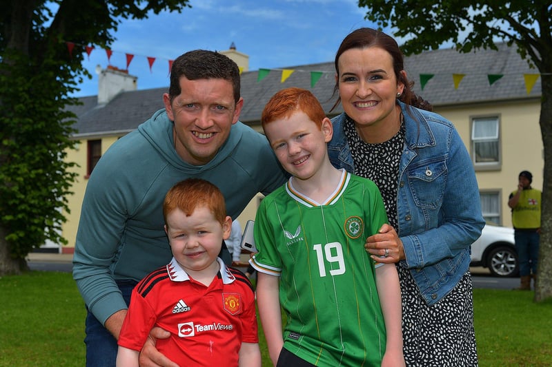 Locals Oisin, Charlie, Cahir and Gemma Byrne at the Festival on the Green in Malin Town on Sunday afternoon last. Photo: George Sweeney. DER2331GS - 43