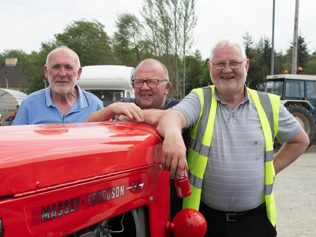 Joe Bonnar, Ernie Thompson and Beorge Bustard at the Allen Wylie Memorial Tractor Run from Letterkenny to Newtoncunningham on Saturday last held to raise funds for the Good & New Cancer Bus. Photo Clive Wasson